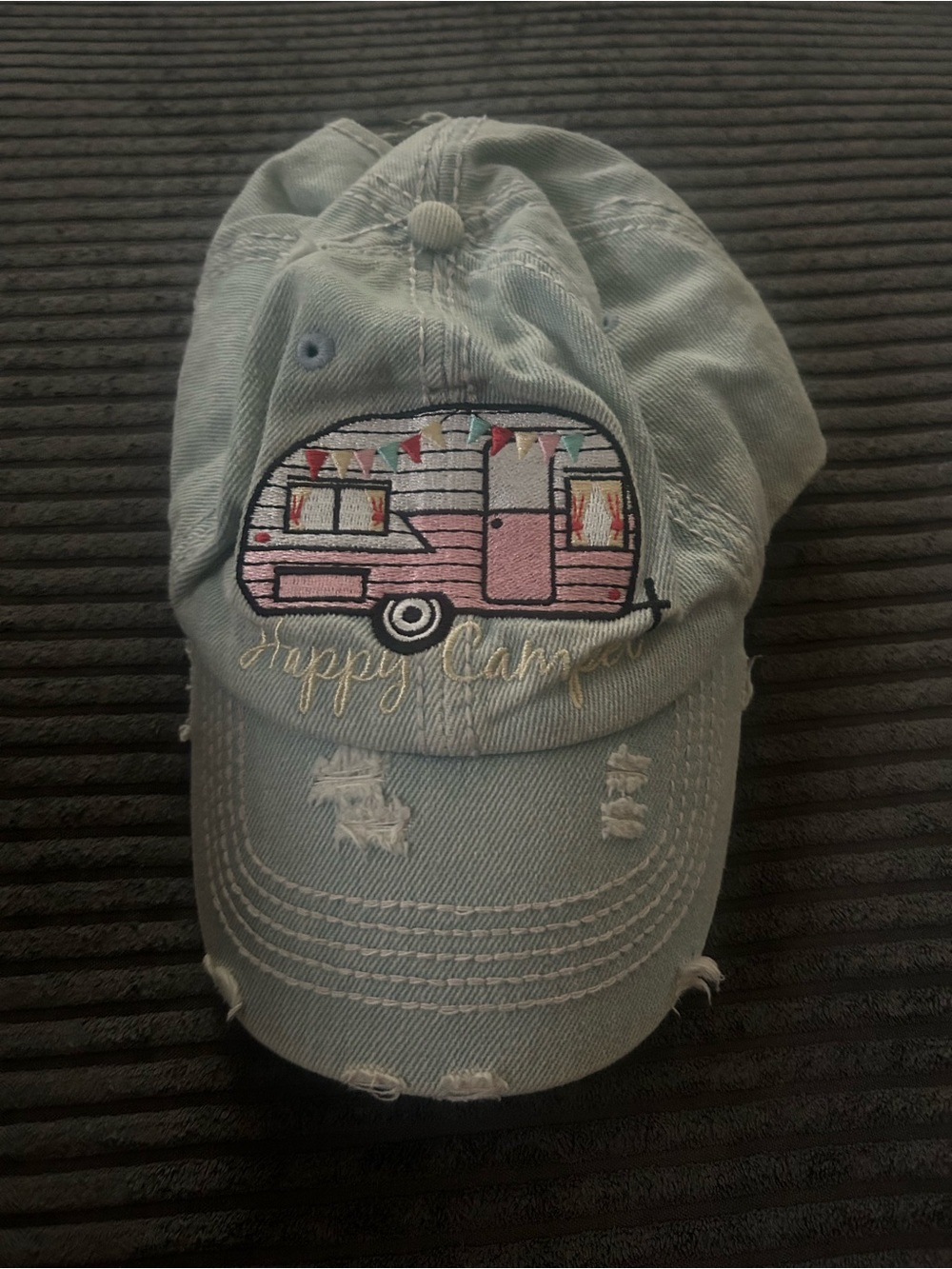 TWO Happy Camper Distressed Light Blue & Teal Hats